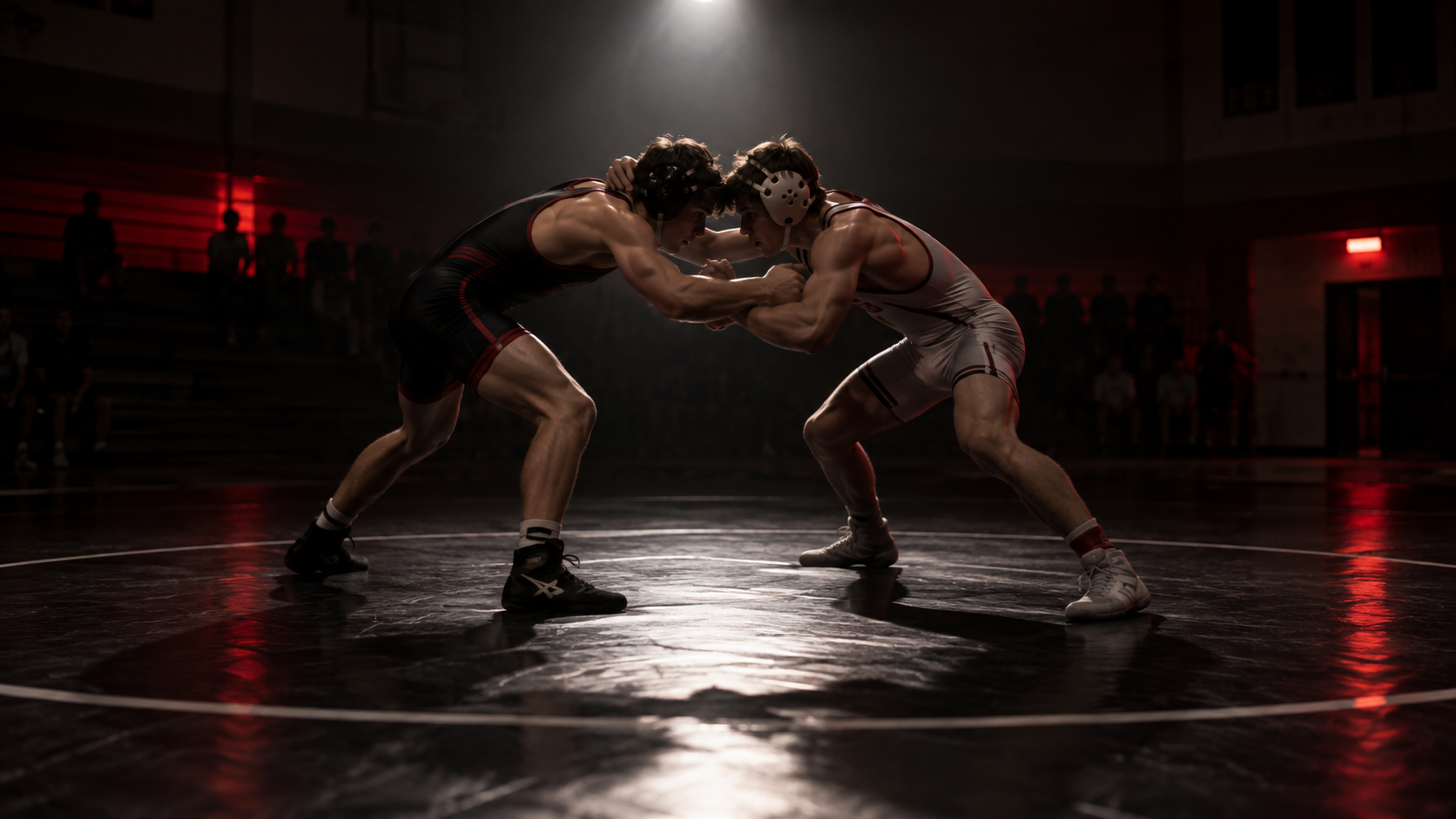 Two wrestlers in a varsity match